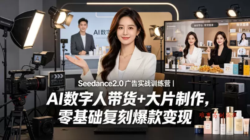 Seedance2.0广告实战训练营｜AI数字人带货+大片制作，零基础复刻爆款变现-难事易副业库