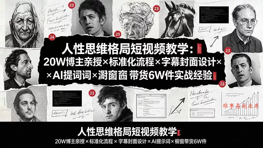 人性思维格局短视频教学：20W博主亲授×标准化流程×字幕封面设计×AI提示词×橱窗带货6W件实战经验-难事易副业库