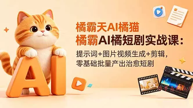 橘霸天AI橘猫短剧实战课：提示词+图片视频生成+剪辑，零基础批量产出治愈短剧