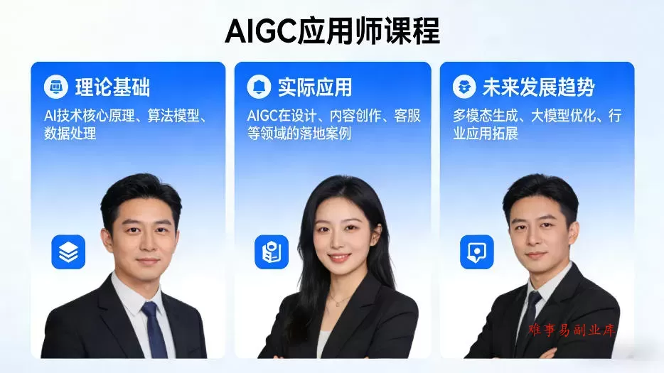 AIGC应用师课程，覆盖了AI技术的理论基础、实际应用、以及未来发展趋势(更新)-难事易副业库