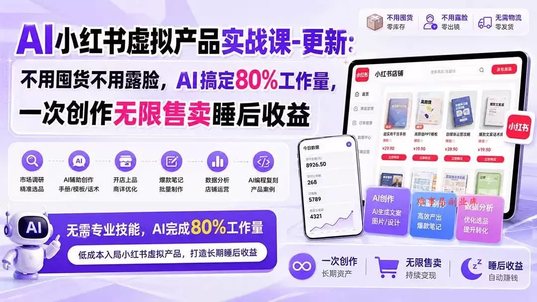 （20311期）AI小红书虚拟产品实战课-更新：不用囤货不用露脸，AI搞定80%工作量，一次创作无限售卖睡后收益-难事易副业库