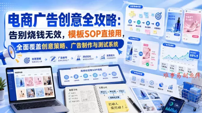 电商广告创意全攻略：告别烧钱无效，模板SOP直接用，全面覆盖创意策略、广告制作与测试系统【原创双语字幕】-难事易副业库