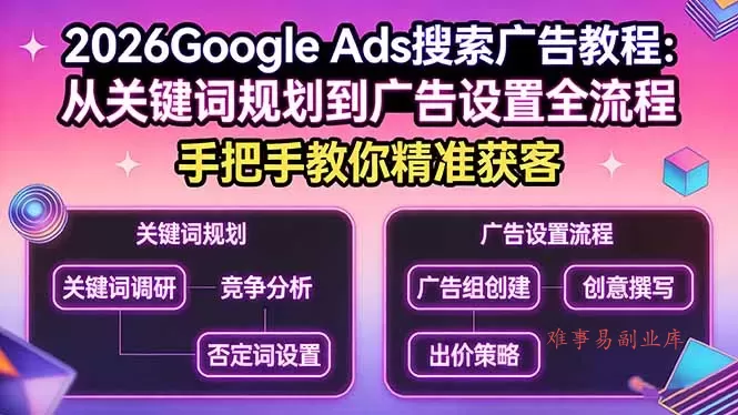 2026Google Ads搜索广告教程：从关键词规划到广告设置全流程，手把手教你精准获客-难事易副业库
