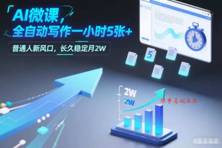 AI微课，全自动写作一小时5张+，普通人新风口，长久稳定月2W-难事易副业库