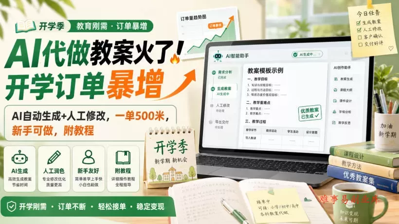 AI代做教案火了！开学订单暴增，AI自动生成+人工修改，一单500米，新手可做，附教程【揭秘】-难事易副业库