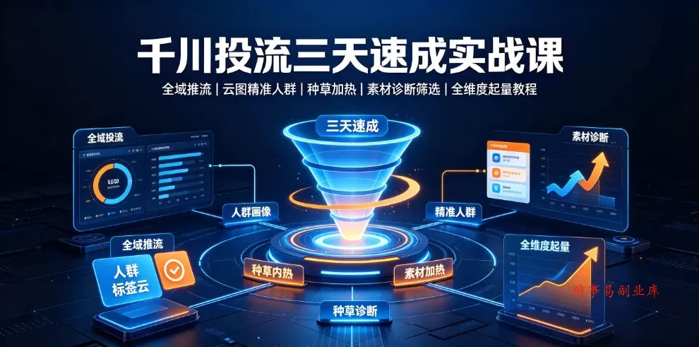 千川投流三天速成实战课｜全域推流、云图精准人群、种草加热、素材诊断筛选全维度起量教程-难事易副业库