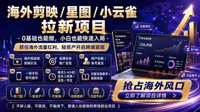 海外剪映 / 星图 / 小云雀拉新项目 普通人也能上手的跨境流量变现副业-难事易副业库