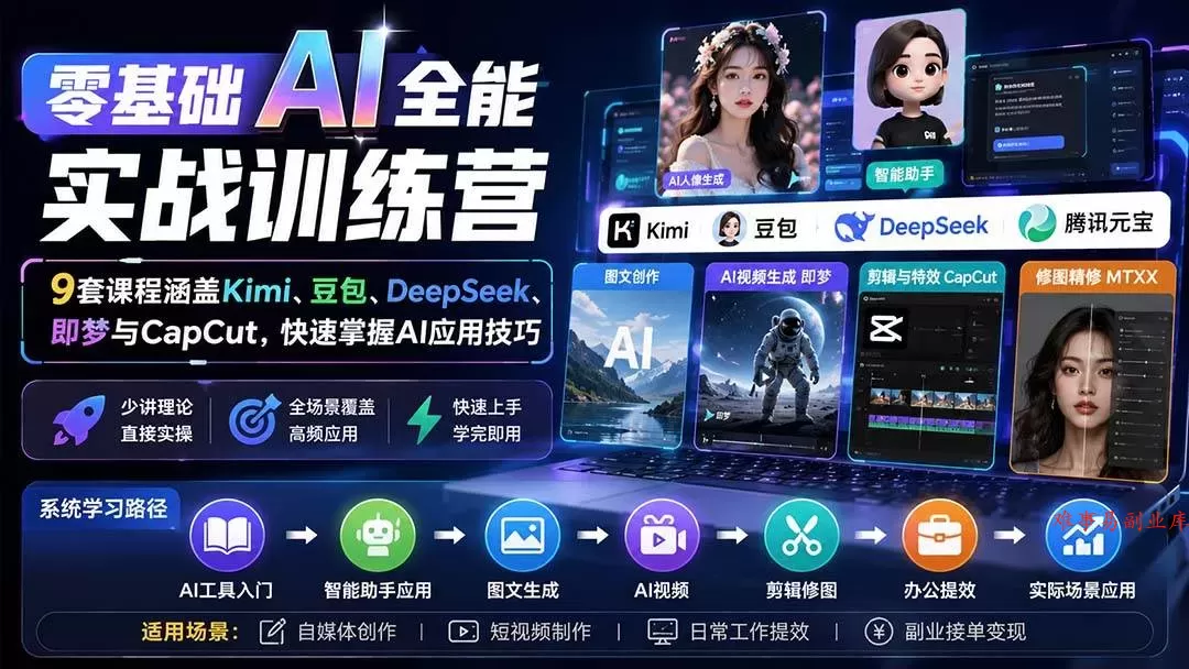 （20134期）零基础AI全能实战训练营：9套课程涵盖Kimi、豆包、DeepSeek、即梦与CapCut，快速掌握AI应用技巧-难事易副业库