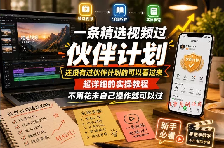 一条精选视频过伙伴计划，还没有过伙伴计划的可以看过来，超详细的实操教程，不用花米自己操作就可以过-难事易副业库
