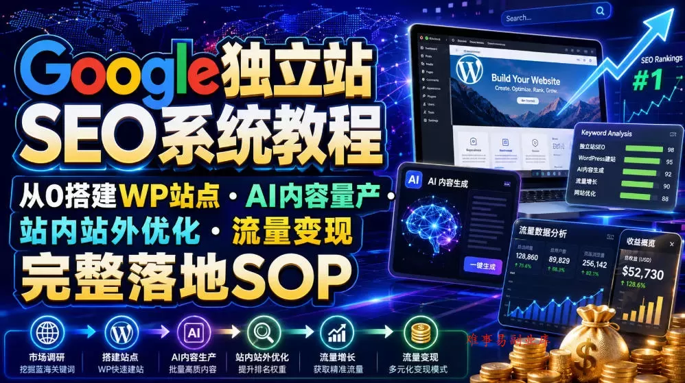 Google独立站SEO系统教程，从0搭建WP站点・AI内容量产・站内站外优化・流量变现完整落地SOP（2026年7月）-难事易副业库
