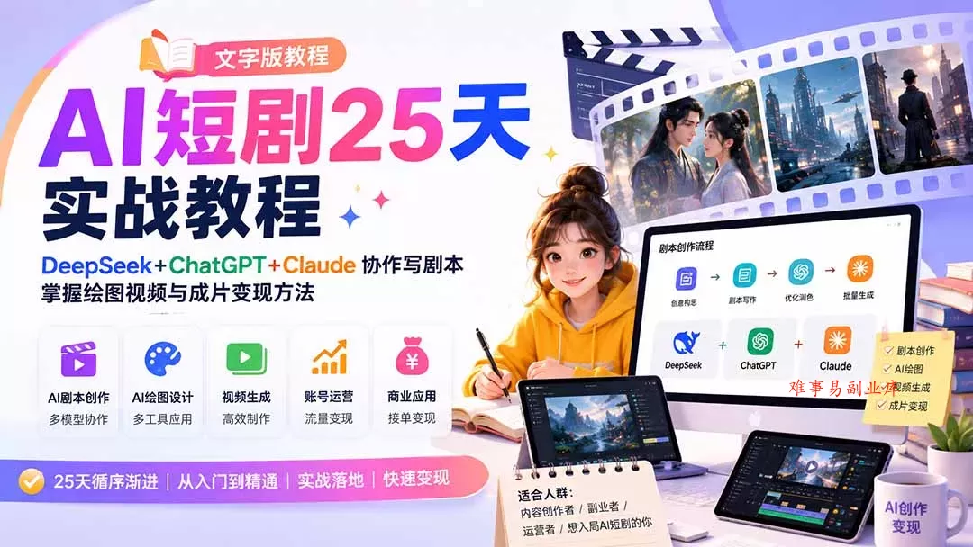 AI短剧25天实战教程(文字版教程-难事易副业库