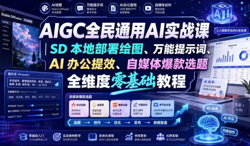 AIGC全民通用AI实战课｜SD本地部署绘图、万能提示词、AI办公提效、自媒体爆款选题全维度零基础教程-难事易副业库