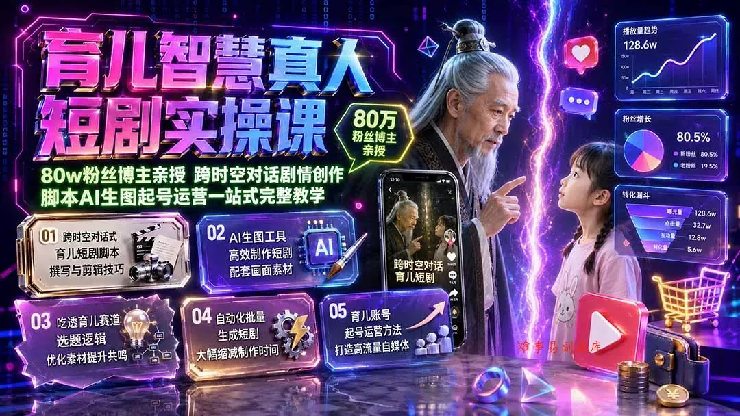 育儿智慧真人短剧实操课｜80w粉丝博主亲授，跨时空对话剧情创作，脚本AI生图起号运营一站式完整教学-难事易副业库