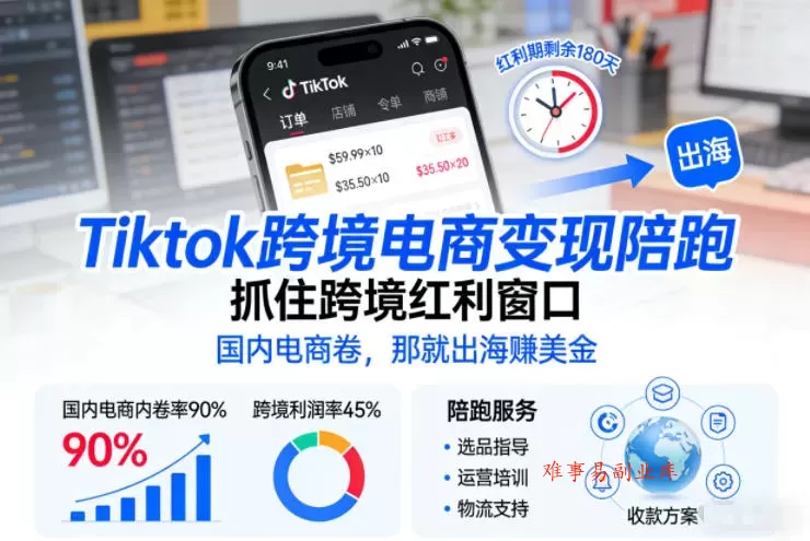 Tiktok跨境电商变现陪跑，抓住跨境红利窗口，国内电商卷，那就出海賺美金-难事易副业库