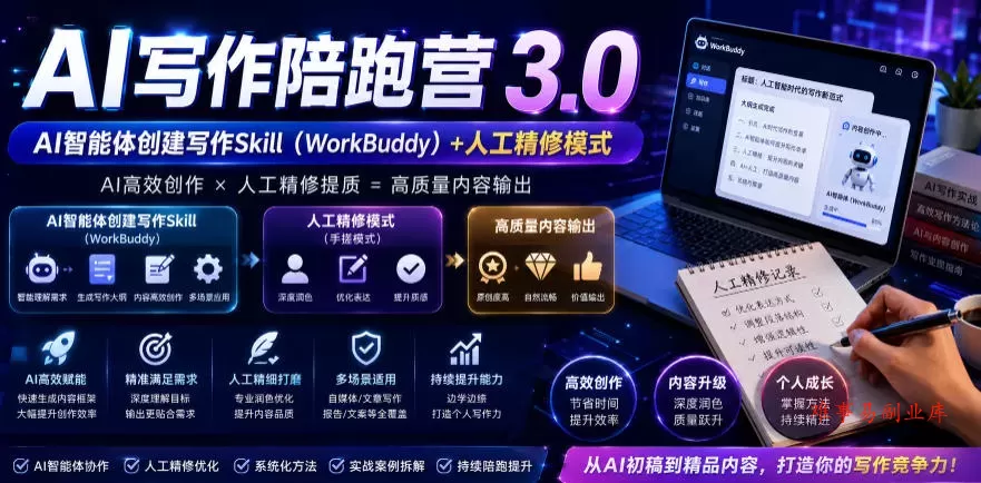 AI写作陪跑营3.0,Ai智能体创建写作skill(workbuddy)+人工手写模式(手搓模式),去除AI痕迹(头条号、公众号、百家号)(更新0806) AI写作陪跑营3.0,Ai智能体创建写作skill(workbuddy)+人工手写模式(手搓模式),去除AI痕迹(头条号、公众号、百家号)(更新0806)