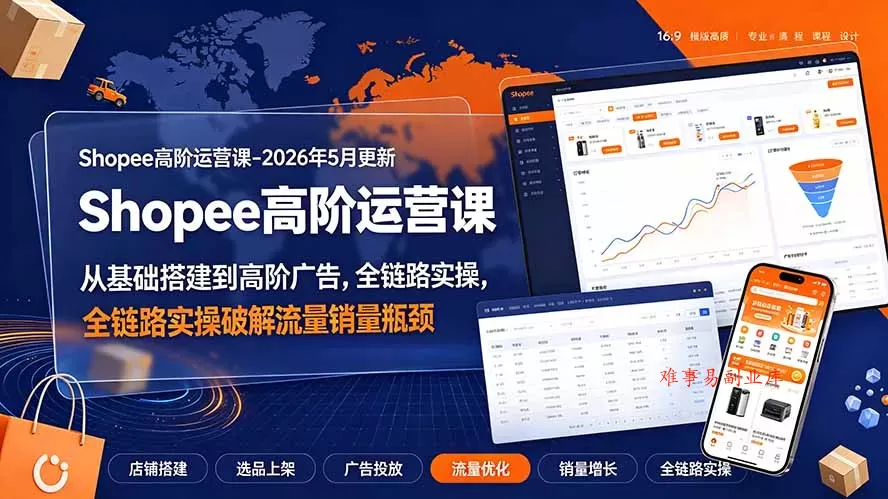 Shopee高阶运营课-2026年更新，从基础搭建到高阶广告，全链路实操破解流量销量瓶颈-难事易副业库
