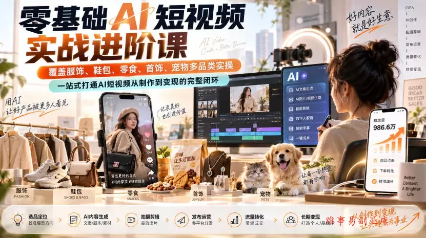 零基础AI短视频实战进阶课，覆盖服饰、鞋包、零食、首饰、宠物多品类实操，一站式打通AI短视频从制作到变现的完整闭环-难事易副业库