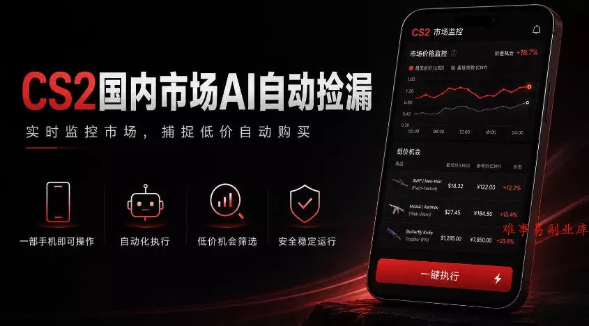游戏市场AI自动监控，实时检测差价捡漏，简单轻松，日入300+【揭秘】-难事易副业库