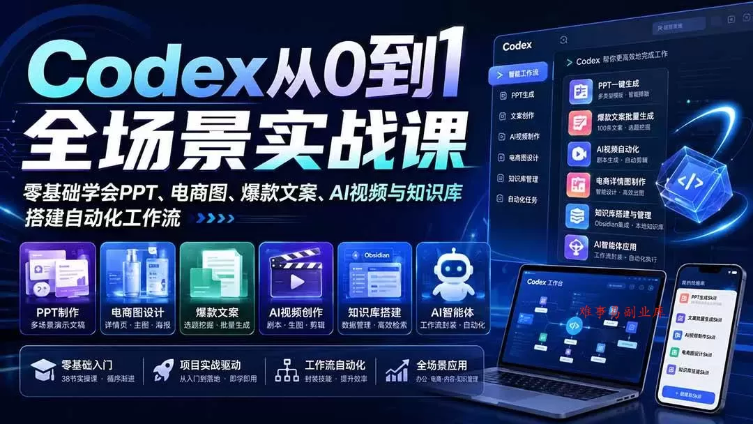 （20041期）Codex从0到1全场景实战课：零基础学会PPT、电商图、爆款文案、AI视频与知识库，搭建自动化工作流-难事易副业库