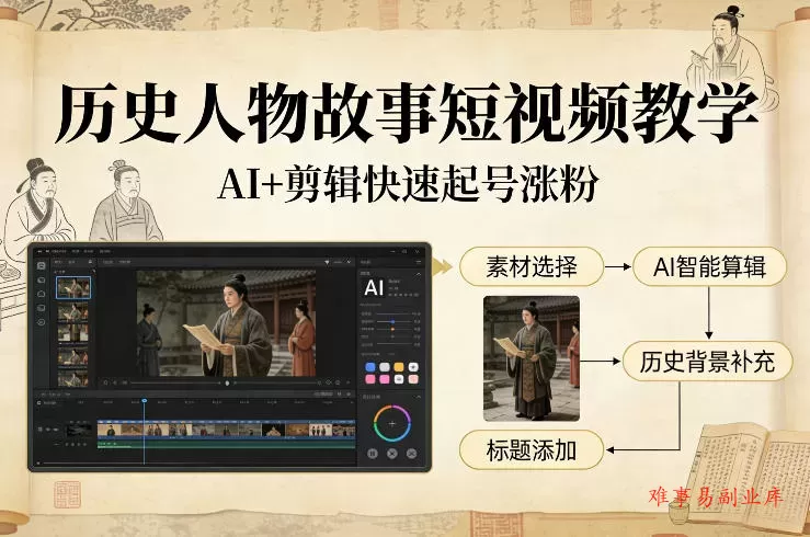 历史人物故事短视频教学，AI+剪辑制作历史人物题材短视频，快速起号涨粉-难事易副业库