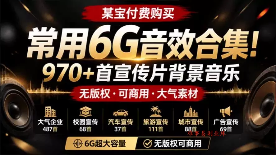 某宝付费购买，常用6G音效合集！970+首宣传片背景音乐，无版权可商用大气素材，分类清晰，高质量内容-难事易副业库