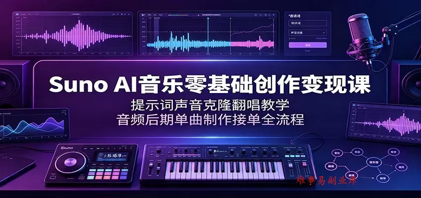 Suno AI音乐零基础创作变现课:提示词声音克隆翻唱教学,音频后期单曲制作接单全流程 Suno AI音乐零基础创作变现课:提示词声音克隆翻唱教学,音频后期单曲制作接单全流程