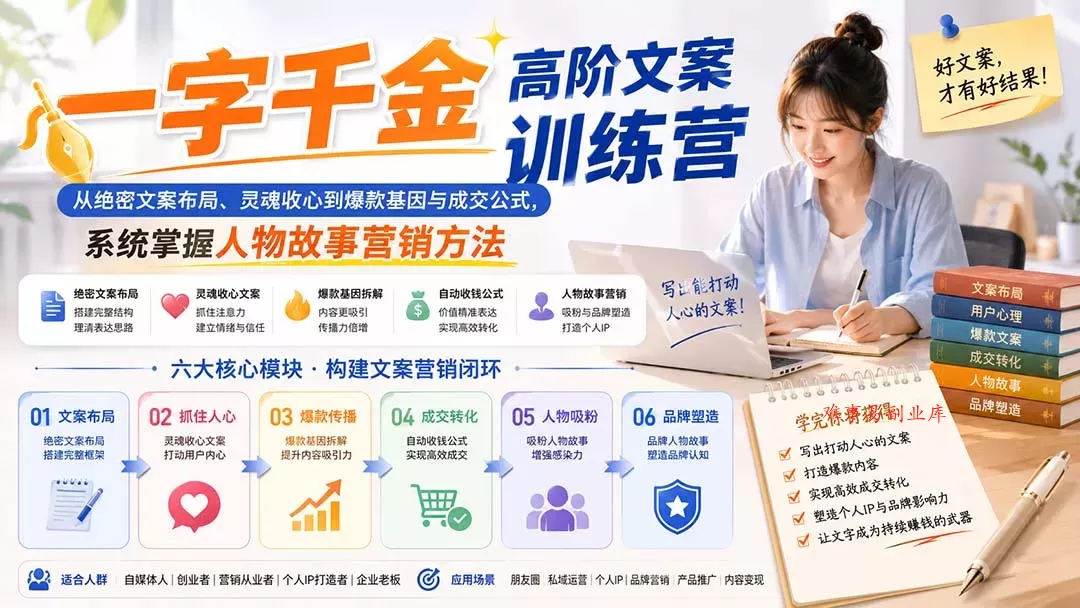 一字千金高阶文案训练营：从绝密文案布局、灵魂收心到爆款基因与成交公式，系统掌握人物故事营销方法