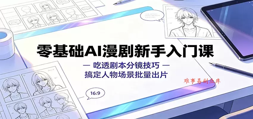零基础AI漫剧新手入门课：吃透剧本分镜技巧，搞定人物场景批量出片-难事易副业库