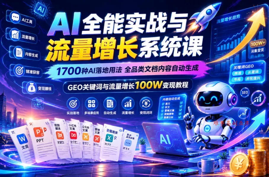 AI全能实战与流量增长系统课，1700种AI落地用法，全品类文档内容自动生成，GEO关键词与流量增长100W变现教程-难事易副业库