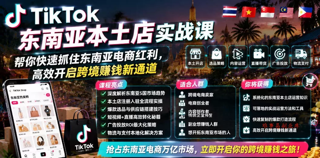 TikTok东南亚本土店实战课，帮你快速抓住东南亚电商红利，高效开启跨境賺钱新通道-难事易副业库