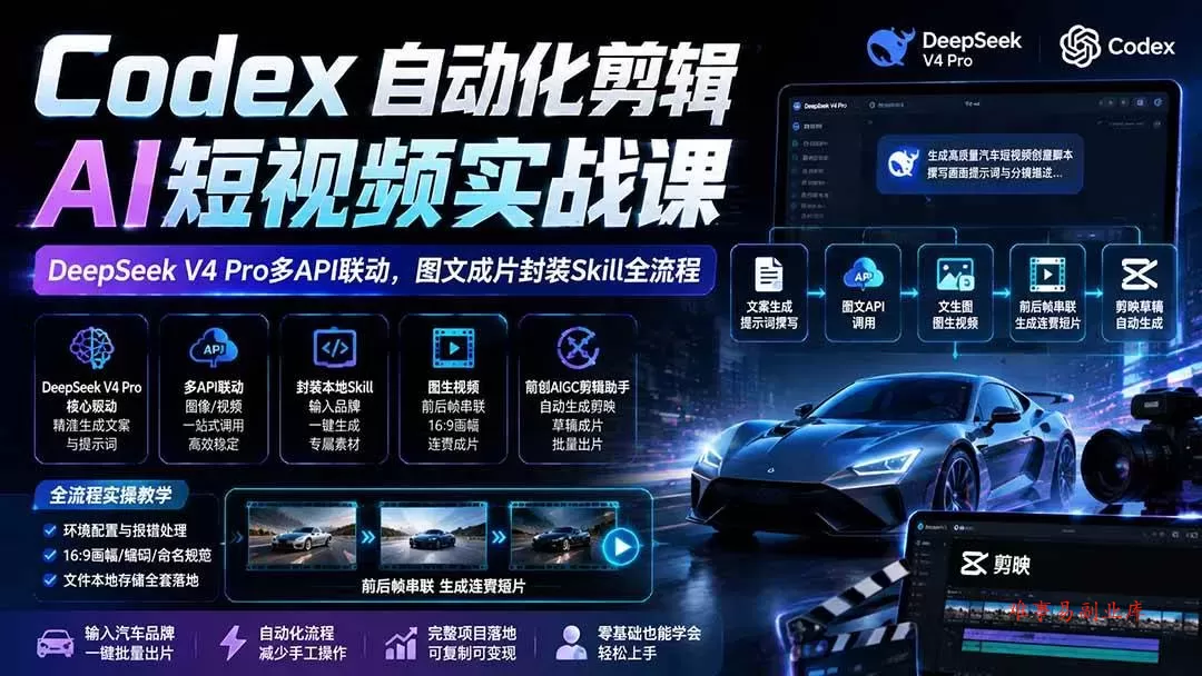 （19711期）Codex自动化剪辑AI短视频实战课｜DeepSeek V4 Pro多API联动，图文成片封装Skill全流程