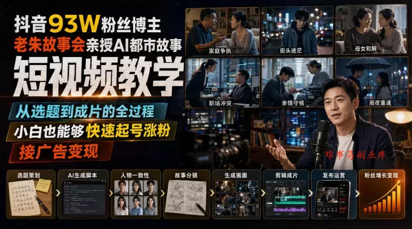 抖音93W粉丝博主老朱故事会亲授AI都市故事短视频教学，从选题到成片的全过程，小白也能够快速起号涨粉接广告变现-难事易副业库
