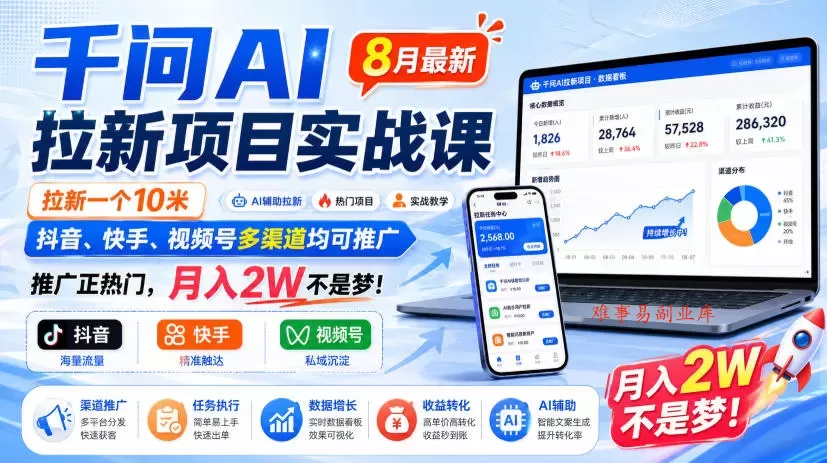千问AI拉新项目实战课8月最新，拉新一个10米，抖音、快手、视频号多渠道均可推广，推广正热门，月入2W不是梦!（更新0831）-难事易副业库