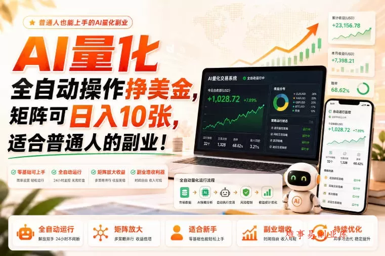 AI量化全自动操作挣美金,矩阵可日入10张,适合普通人的副业!【揭秘】 AI量化全自动操作挣美金,矩阵可日入10张,适合普通人的副业!【揭秘】