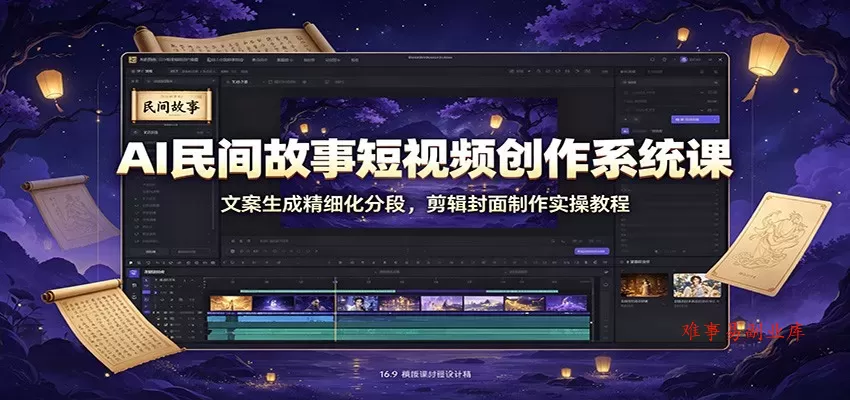 AI民间故事短视频创作系统课：文案生成精细化分段，剪辑封面制作实操教程-难事易副业库
