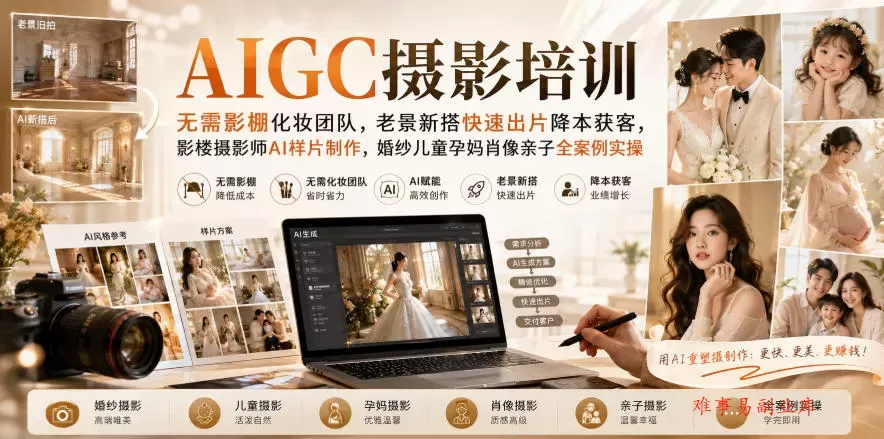 AIGC摄影培训|无需影棚化妆团队,老景新搭快速出片降本获客,影楼摄影师AI样片制作,婚纱儿童孕妈肖像亲子全案例实操 AIGC摄影培训|无需影棚化妆团队,老景新搭快速出片降本获客,影楼摄影师AI样片制作,婚纱儿童孕妈肖像亲子全案例实操