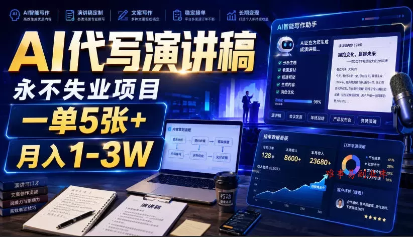 AI代写演讲稿，永不失业项目，一单5张+，月入1-3W【揭秘】-难事易副业库