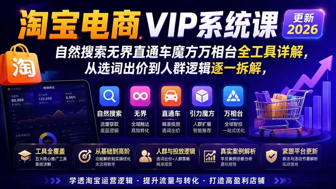 淘宝电商VIP系统课-更新8月；自然搜索无界直通车魔方万相台全工具详解，从选词出价到人群逻辑逐一拆解-难事易副业库