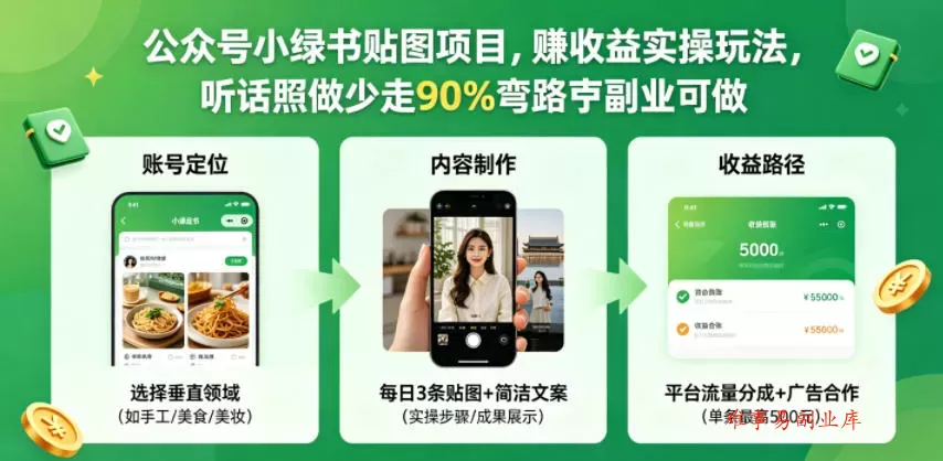 公众号小绿书贴图项目，赚收益实操玩法，听话照听话照少走90%弯路丨副业可做-难事易副业库