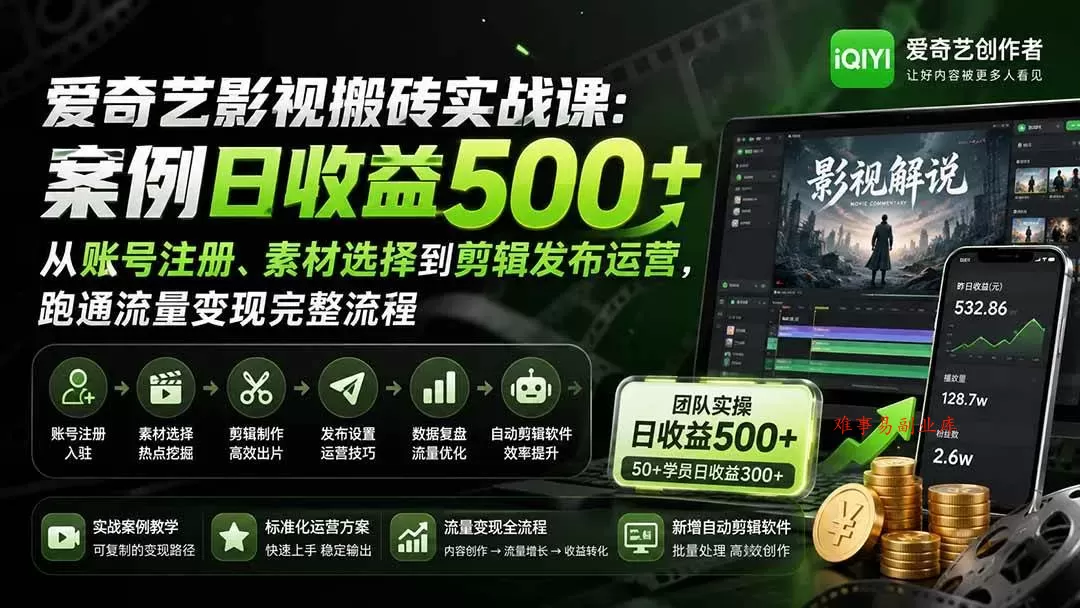 (20086期)爱奇艺影视搬砖实战课:案例日收益500+,从账号注册、素材选择到剪辑发布运营,跑通流量变现完整流程 (20086期)爱奇艺影视搬砖实战课:案例日收益500+,从账号注册、素材选择到剪辑发布运营,跑通流量变现完整流程