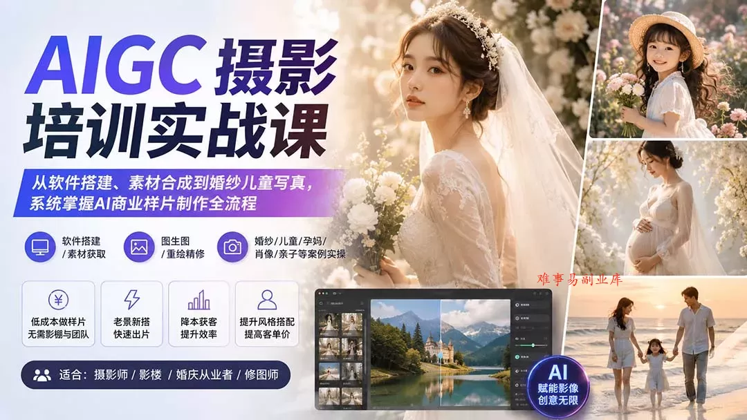 AIGC摄影培训实战课：从软件搭建、素材合成到婚纱儿童写真，系统掌握AI商业样片制作全流程