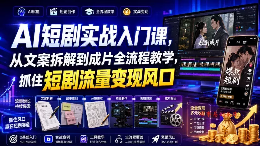 AI短剧实战入门课，从文案拆解到成片全流程教学，抓住短剧流量变现风口-难事易副业库
