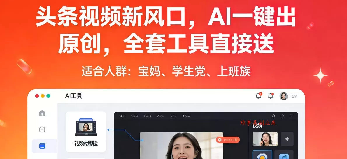 头条视频新风口，AI一键出原创，全套工具直接送，人人可做，有手就行【揭秘】-难事易副业库