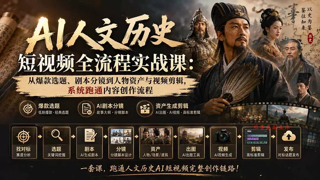 AI人文历史短视频全流程实战课：从爆款选题、剧本分镜到人物资产与视频剪辑，系统跑通内容创作流程-难事易副业库