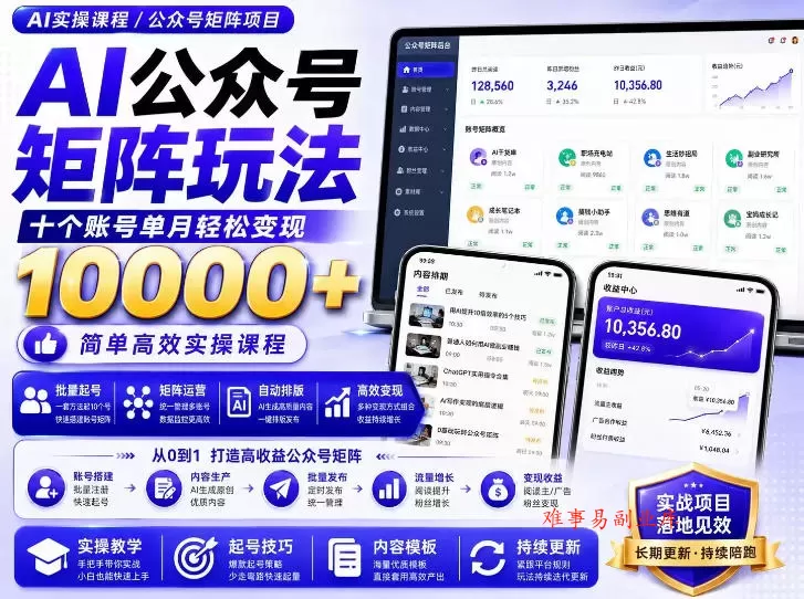 AI公众号矩阵实操玩法：内含价值399的提示词，三分钟一篇爆款文章，支持矩阵多账号运营-难事易副业库