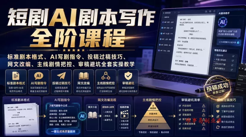 短剧AI剧本写作全阶课程｜标准剧本格式、AI写剧指令、投稿过稿技巧、网文改编、主线剧情把控、审稿避坑全套实操教学-难事易副业库