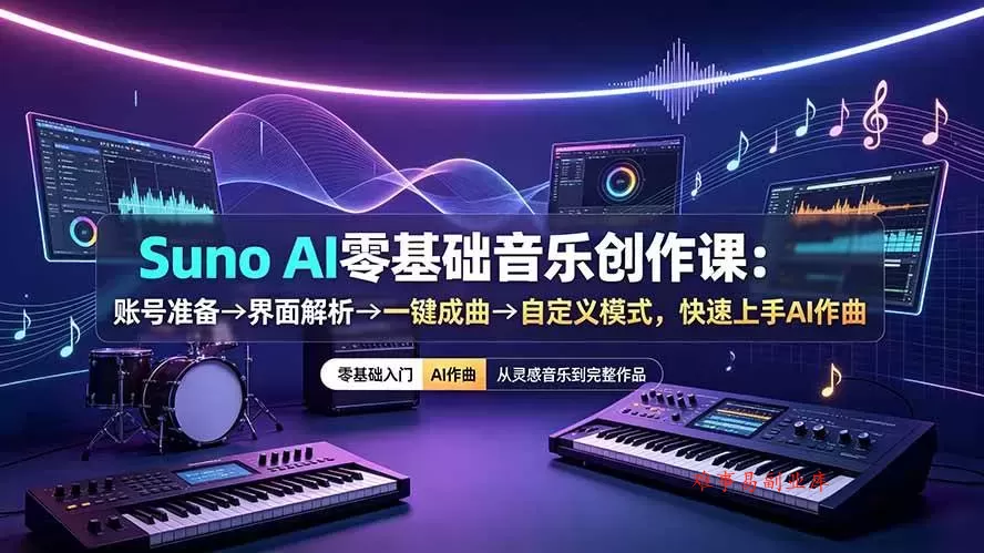 （19264期）Suno AI零基础音乐创作课：账号准备→界面解析→一键成曲→自定义模式，快速上手AI作曲-难事易副业库
