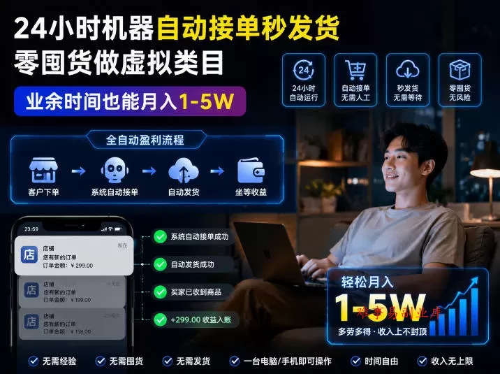 24小时机器自动接单秒发货，零囤货做虚拟类目，业余时间也能月入1-5W【揭秘】-难事易副业库