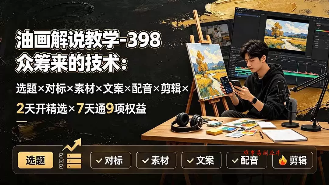 （19527期）油画解说教学-398众筹来的技术：选题×对标×素材×文案×配音×剪辑×2天开精选×7天通9项权益-难事易副业库