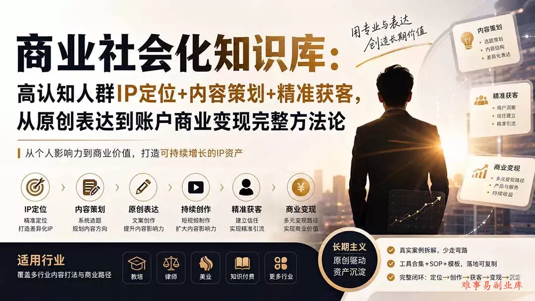 商业社会化知识库：高认知人群IP定位+内容策划+精准获客，从原创表达到账户商业变现完整方法论-难事易副业库